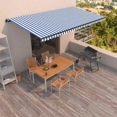 Copertină Retractabilă Manual 6x3.5m - Albastru/Alb - Livrare Gratuită