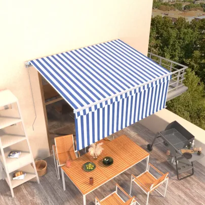 Copertină retractabilă manual cu stor - Albastru&Alb - 3,5x2,5 m