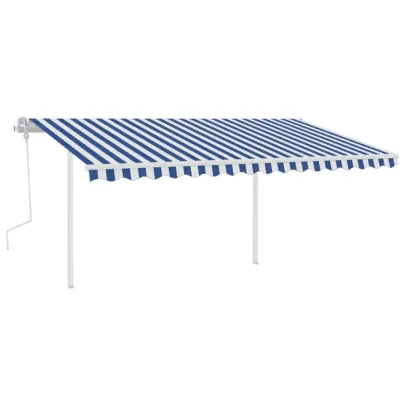 Copertină retractabilă manual cu stâlpi - albastru&alb 4,5x3 m