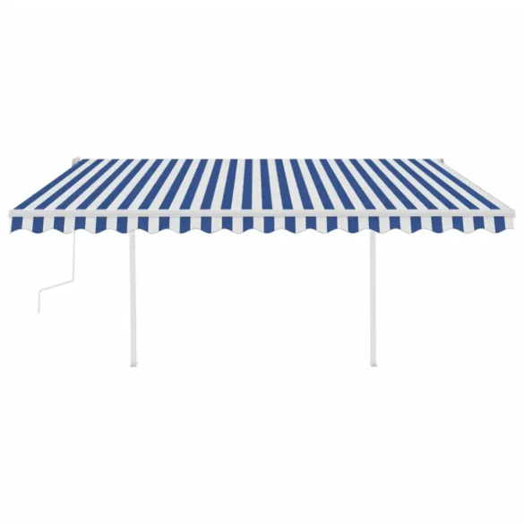 Copertină retractabilă manual cu stâlpi - albastru&alb 4,5x3 m
