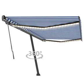 Copertină retractabilă manual cu LED - 500x350 cm - Albastru/Alb