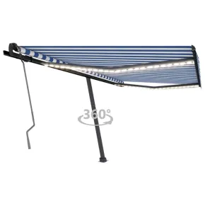 Copertină retractabilă manual cu LED - 400x350 cm - Albastru/Alb