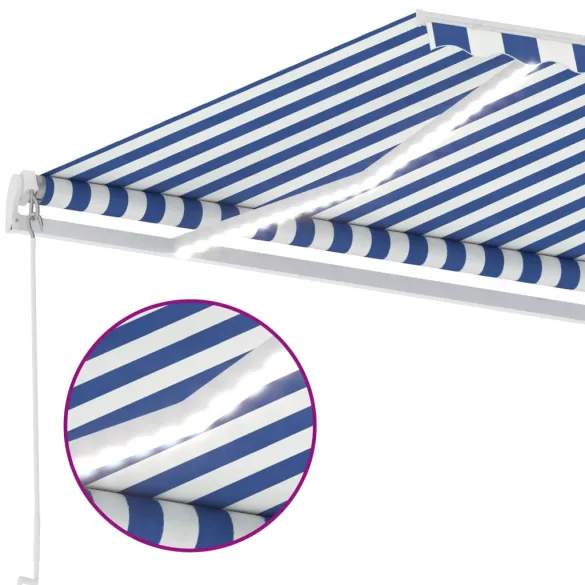 Copertină retractabilă manual cu LED - 400x350 cm - Albastru/Alb