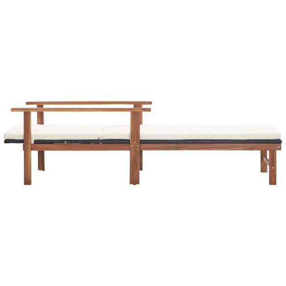 Șezlong cu Pernă - Negru, Poliratan, Lemn Acacia | Livrare Gratuită