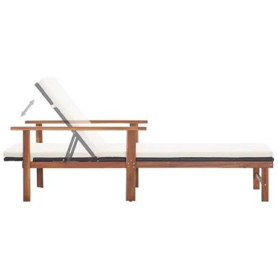 Șezlong cu Pernă - Negru, Poliratan, Lemn Acacia | Livrare Gratuită