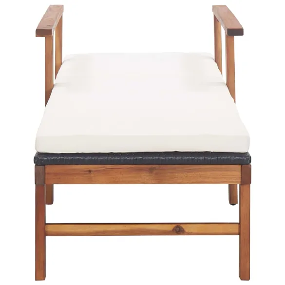 Șezlong cu Pernă - Negru, Poliratan, Lemn Acacia | Livrare Gratuită