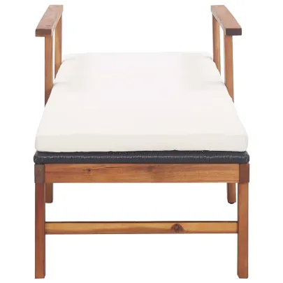 Șezlong cu Pernă - Negru, Poliratan, Lemn Acacia | Livrare Gratuită