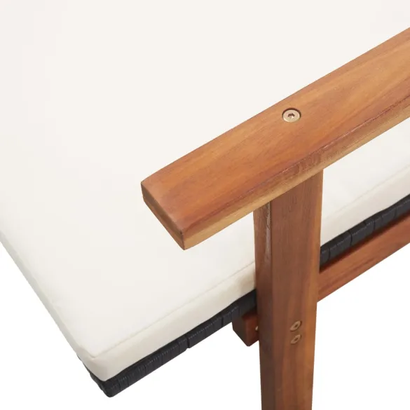 Șezlong cu Pernă - Negru, Poliratan, Lemn Acacia | Livrare Gratuită