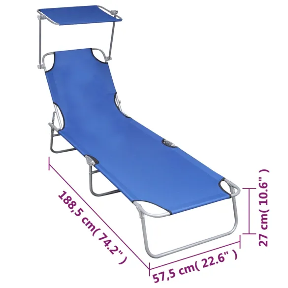 Șezlong Pliabil cu Baldachin Reglabil - Albastru | Aluminiu Șezlong Pliabil cu Baldachin Reglabil - Albastru | Aluminiu