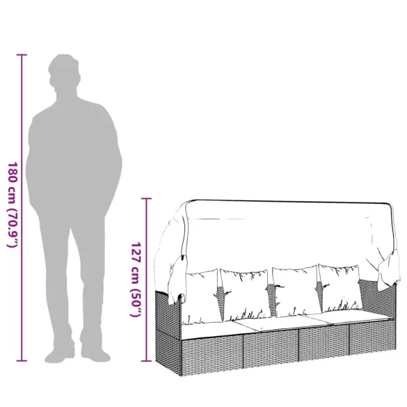 Pat Șezlong Exterior cu Acoperiș și Perne - Negru - Ratan PE