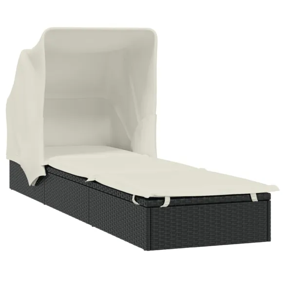 Șezlong cu Acoperiș Pliabil - Negru, Ratan PE - Livrare Gratuită