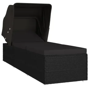 Șezlong cu Copertină și Pernă - Negru, Poliratan | Livrare Gratuită 2