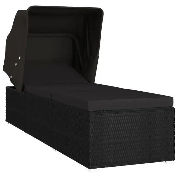 Șezlong cu Copertină și Pernă - Negru, Poliratan | Livrare Gratuită Șezlong cu Copertină și Pernă - Negru, Poliratan | Livrare Gratuită