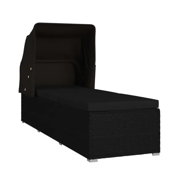 Șezlong cu Copertină și Pernă - Negru, Poliratan | Livrare Gratuită Șezlong cu Copertină și Pernă - Negru, Poliratan | Livrare Gratuită