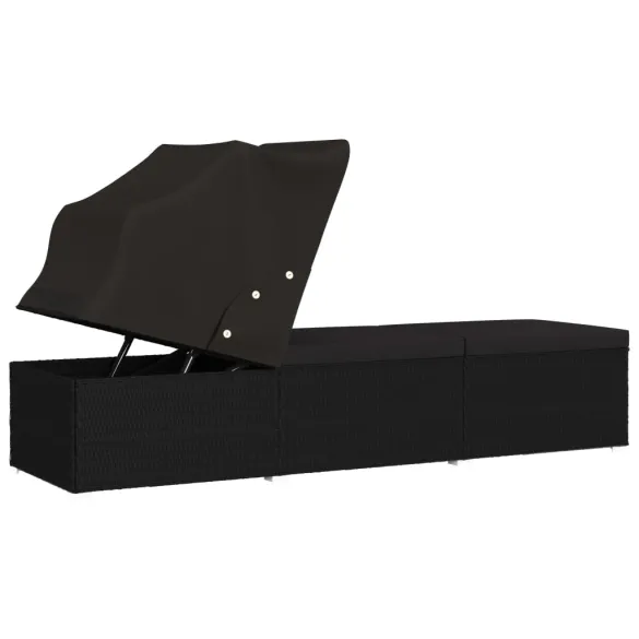 Șezlong cu Copertină și Pernă - Negru, Poliratan | Livrare Gratuită Șezlong cu Copertină și Pernă - Negru, Poliratan | Livrare Gratuită