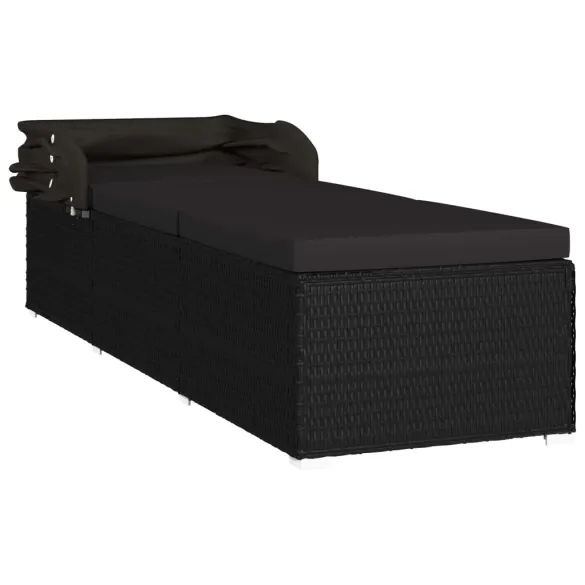 Șezlong cu Copertină și Pernă - Negru, Poliratan | Livrare Gratuită Șezlong cu Copertină și Pernă - Negru, Poliratan | Livrare Gratuită