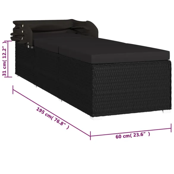 Șezlong cu Copertină și Pernă - Negru, Poliratan | Livrare Gratuită Șezlong cu Copertină și Pernă - Negru, Poliratan | Livrare Gratuită