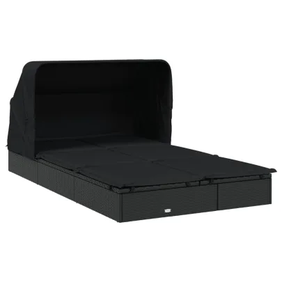 Șezlong 2 Persoane cu Acoperiș Pliabil Negru - Livrare Gratuită