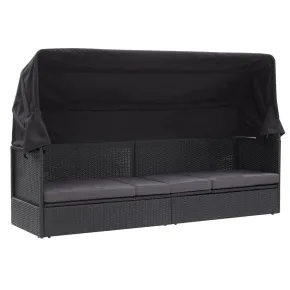 Pat Canapea Exterior cu Copertină Negru - Rattan PE Rezistent