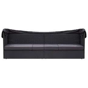 Pat Canapea Exterior cu Copertină Negru - Rattan PE Rezistent 2