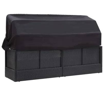 Pat Canapea Exterior cu Copertină Negru - Rattan PE Rezistent