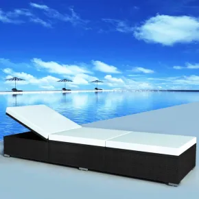 Șezlong Premium cu Pernă - Negru Poliratan | Livrare Gratuită