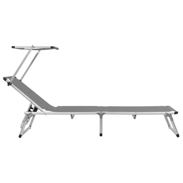 Șezlong Pliabil cu Acoperiș - Gri, Aluminiu și Textilenă