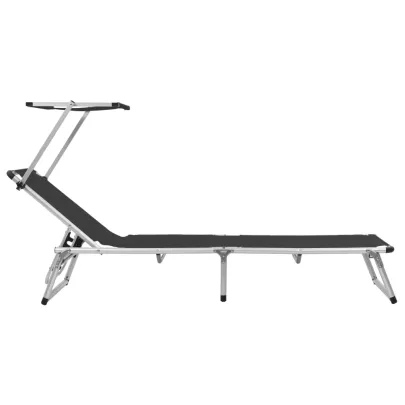 Șezlong Pliabil cu Acoperiș - Negru - Aluminiu și Textilenă