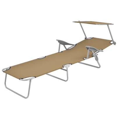 Șezlong Pliabil cu Baldachin Reglabil - Gri Taupe, Oțel