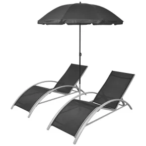 Șezlonguri cu Umbrelă - Aluminiu, Negru - Livrare Gratuită 2