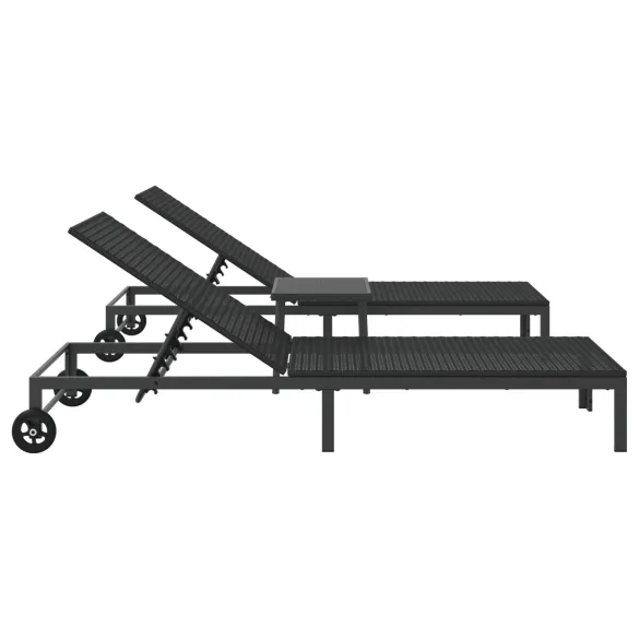 Șezlonguri cu Roți și Masă - 2 bucăți - Negru - Poliratan
