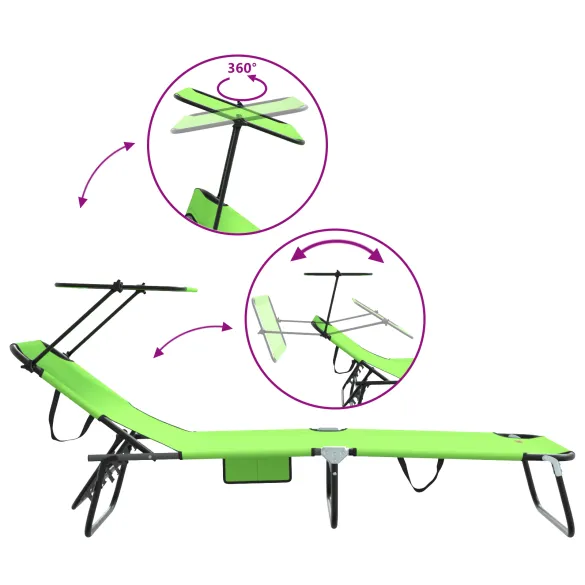 Set 2 șezlonguri pliabile cu copertină Verde