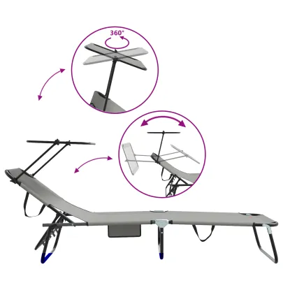 Set 2 Șezlonguri Pliabile cu Baldaquin Gri - Livrare Gratuită