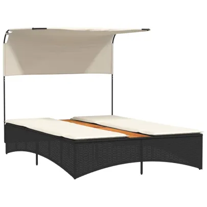 Șezlong Dublu cu Baldachin Negru - Poliratan | Livrare Gratuită