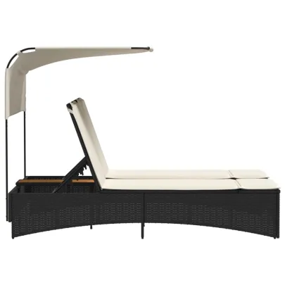 Șezlong Dublu cu Baldachin Negru - Poliratan | Livrare Gratuită