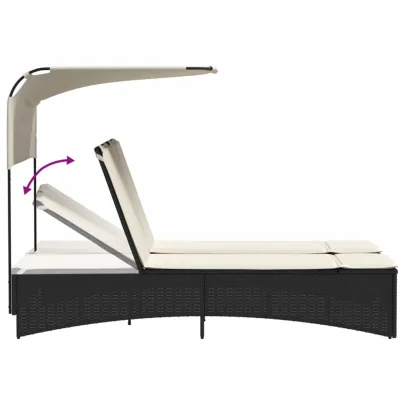 Șezlong Dublu cu Baldachin Negru - Poliratan | Livrare Gratuită