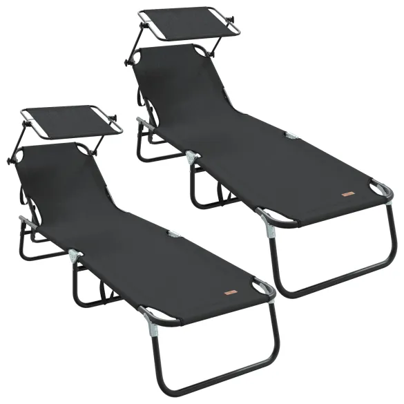 Șezlonguri Pliabile 2 buc cu Copertină Negru Oxford 600D