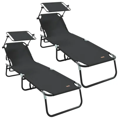 Șezlonguri Pliabile 2 buc cu Copertină Negru Oxford 600D