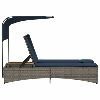 Şezlong Dublu cu Baldachin şi Perne - Gri - Poliratan