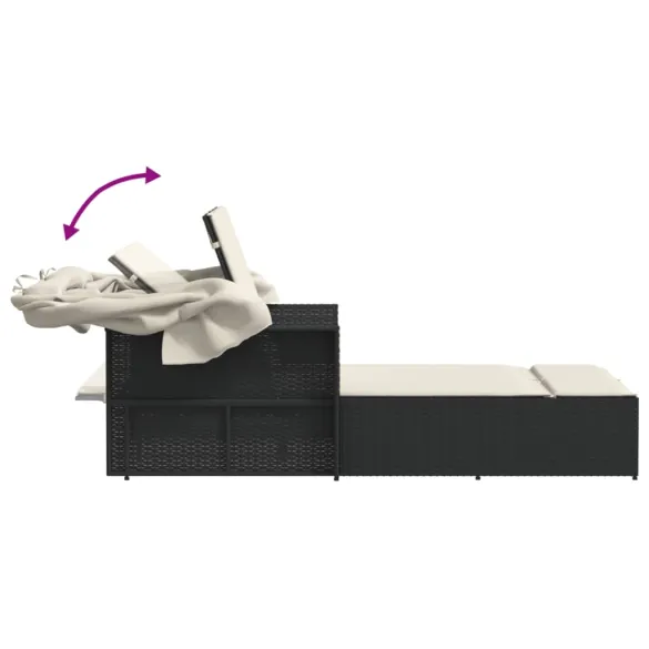 Șezlong Dublu cu Baldachin Negru - Poliratan Durabil