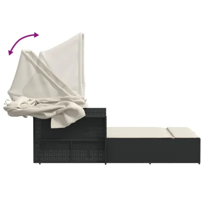 Șezlong Dublu cu Baldachin Negru - Poliratan Durabil