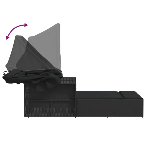 Șezlong Dublu cu Baldachin Negru - Poliratan Rezistent