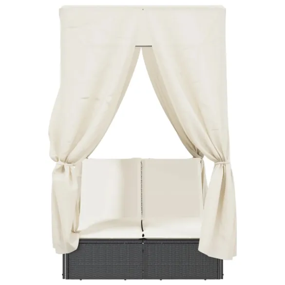 Șezlong Dublu cu Acoperiș și Perdele | Negru | Poliratan