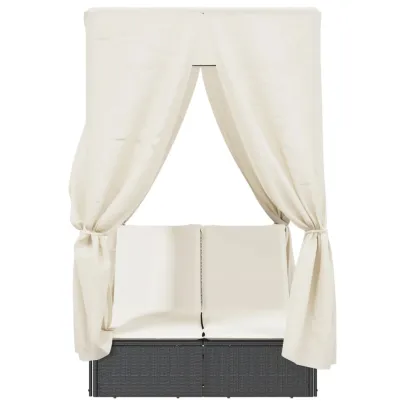 Șezlong Dublu cu Acoperiș și Perdele | Negru | Poliratan