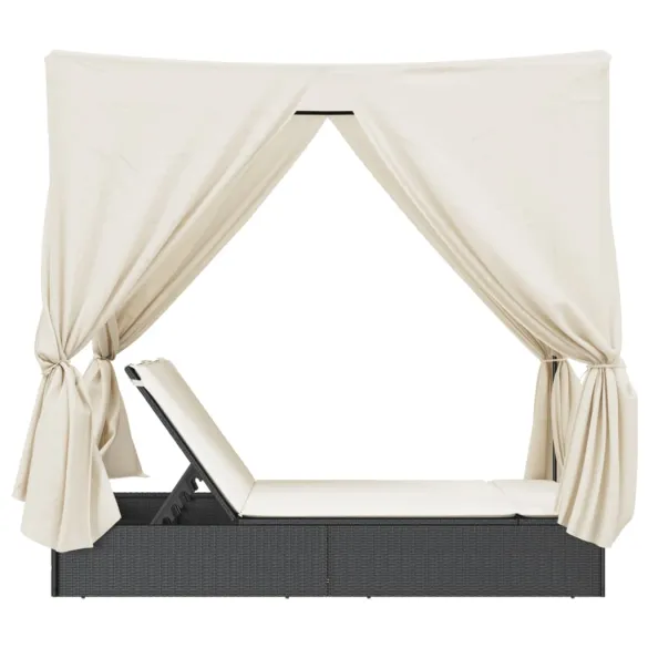 Șezlong Dublu cu Acoperiș și Perdele | Negru | Poliratan