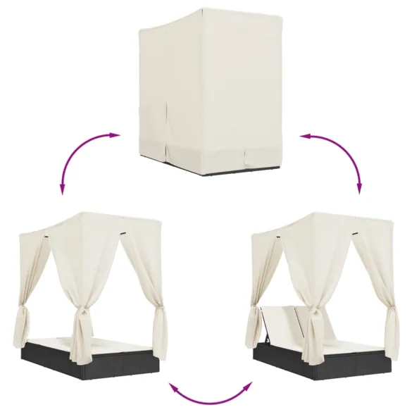 Șezlong Dublu cu Acoperiș și Perdele | Negru | Poliratan