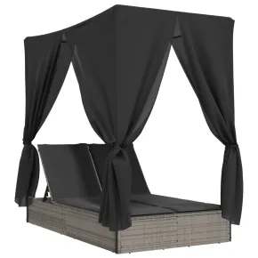 Șezlong Dublu cu Acoperiș și Perdele - Gri - Poliratan 2