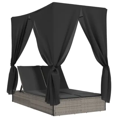 Șezlong Dublu cu Acoperiș și Perdele - Gri - Poliratan