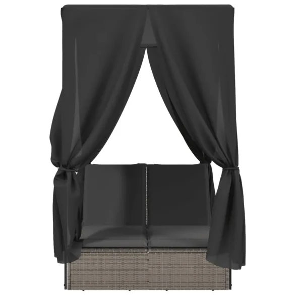 Șezlong Dublu cu Acoperiș și Perdele - Gri - Poliratan