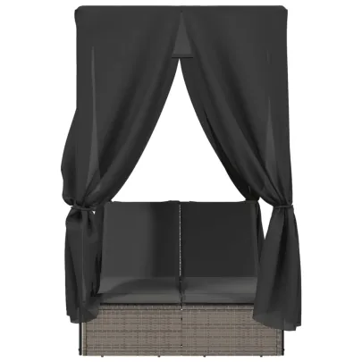 Șezlong Dublu cu Acoperiș și Perdele - Gri - Poliratan